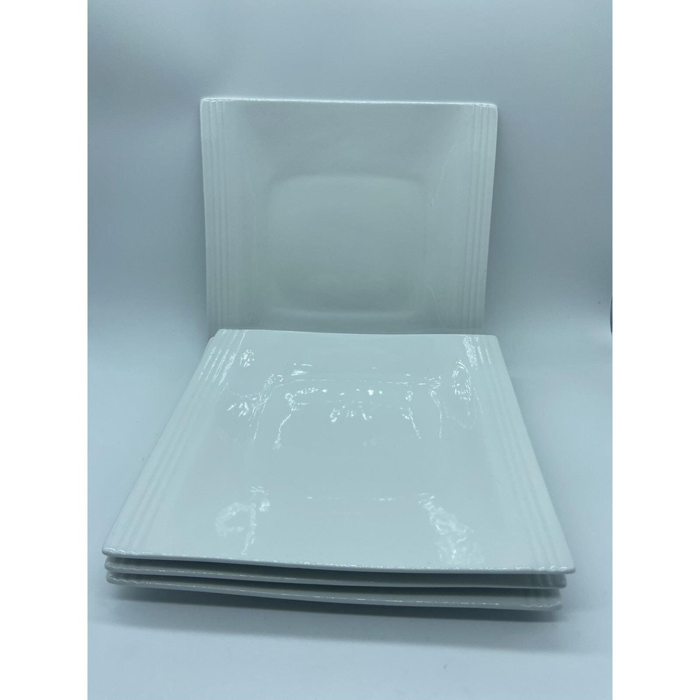 Pier 1 White Square Dinner Plates Urban Studio Set Of 4 Discontinued Ridges EX